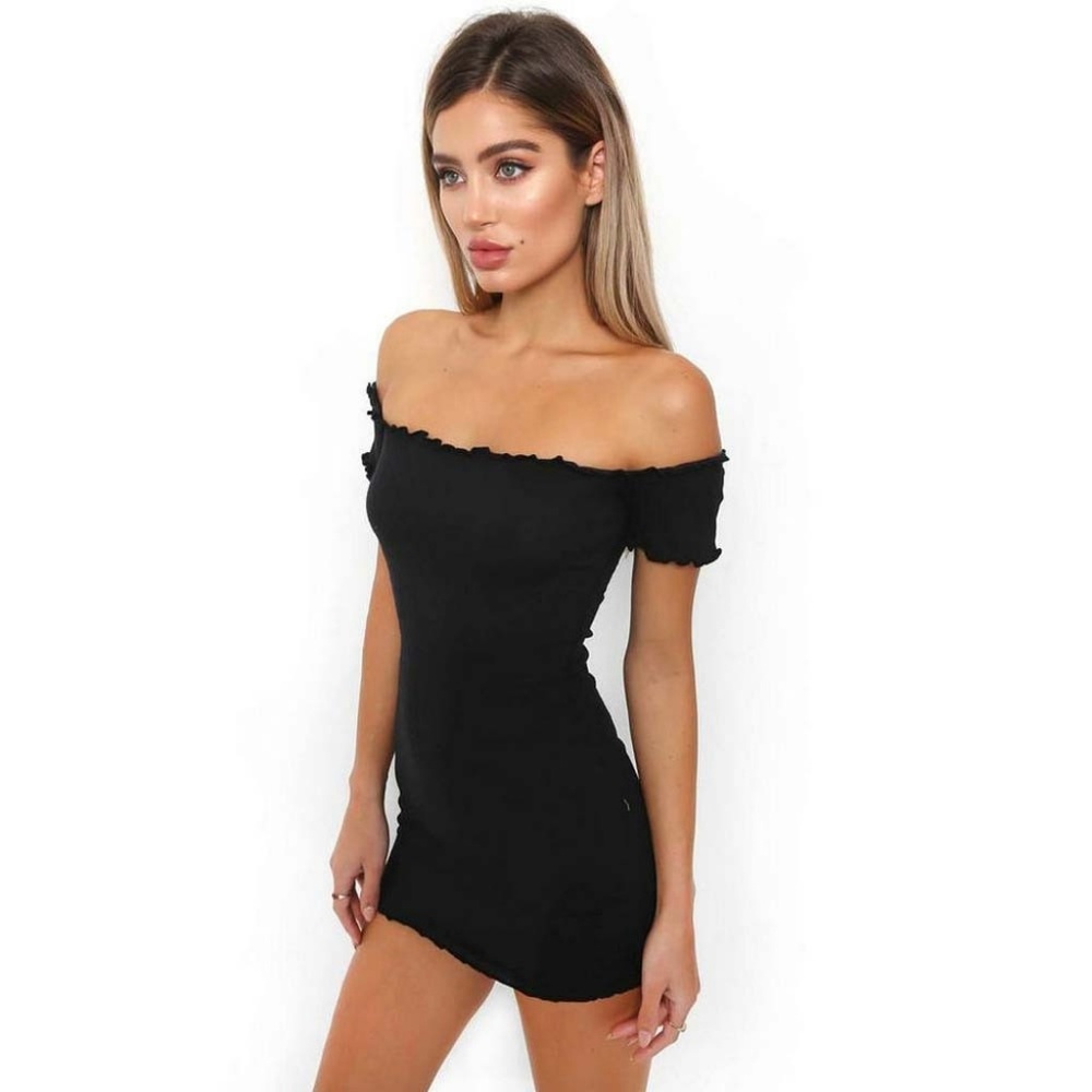 Black Ribbed Off Shoulder Bodycon Mini Dress - Picture 2 of 7
